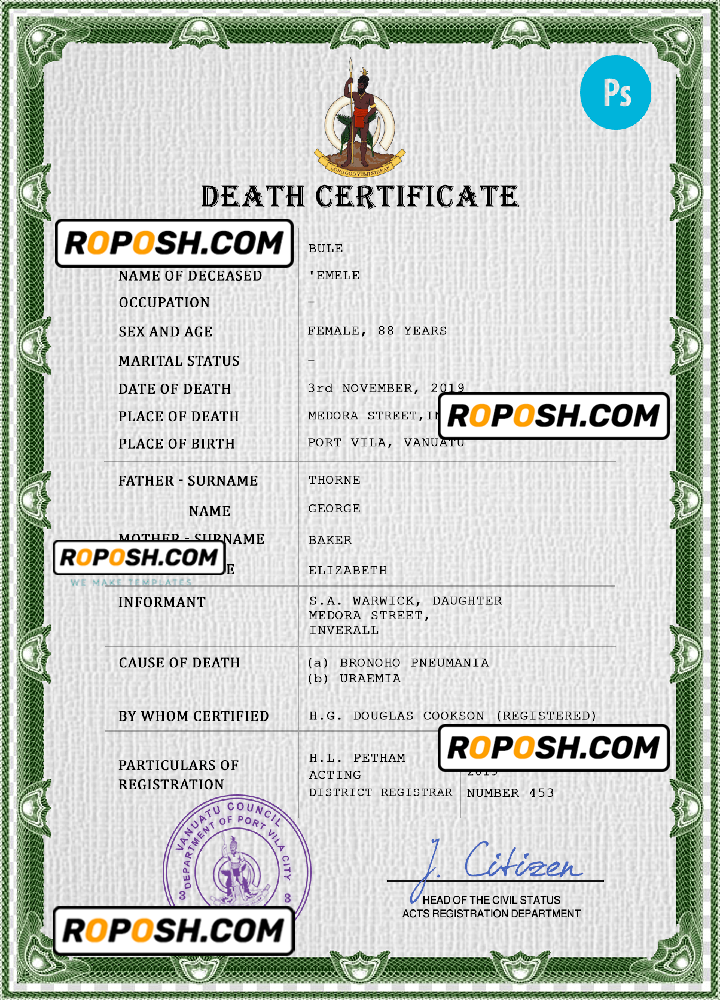 Vanuatu vital record death certificate PSD template, completely ...