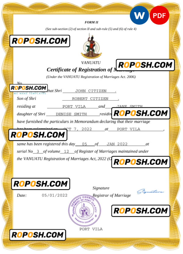Vanuatu marriage certificate Word and PDF template, fully editable