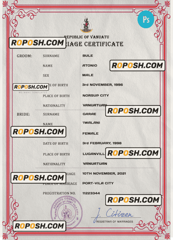 Vanuatu marriage certificate PSD template, fully editable