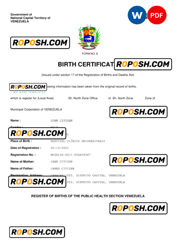 Venezuela vital record birth certificate Word and PDF template