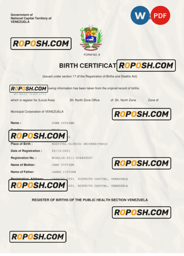 Venezuela vital record birth certificate Word and PDF template, completely editable