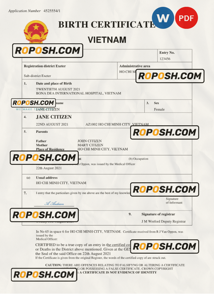 Vietnam birth certificate Word and PDF template, completely editable scan effect