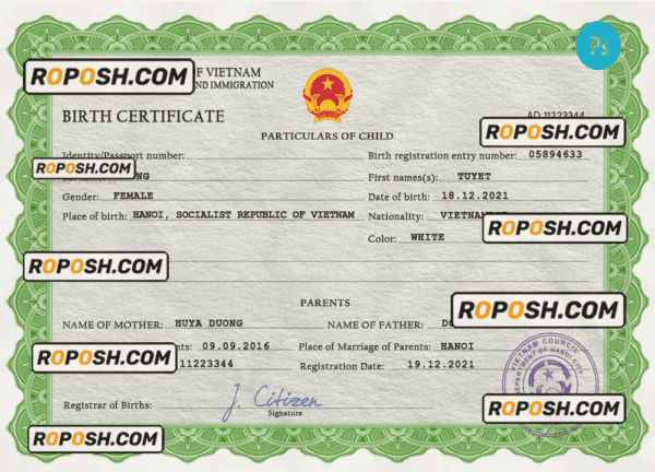 Vietnam birth certificate PSD template, completely editable