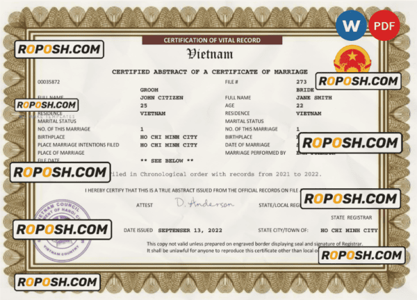 Vietnam marriage certificate Word and PDF template, fully editable