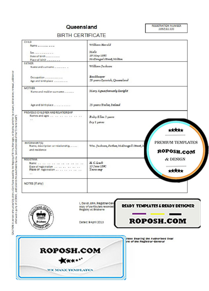 Australia Queensland birth certificate template in Word format roposh