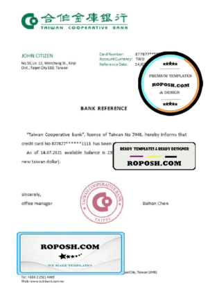 Taiwan Cooperative Bank account reference letter template in Word and PDF format