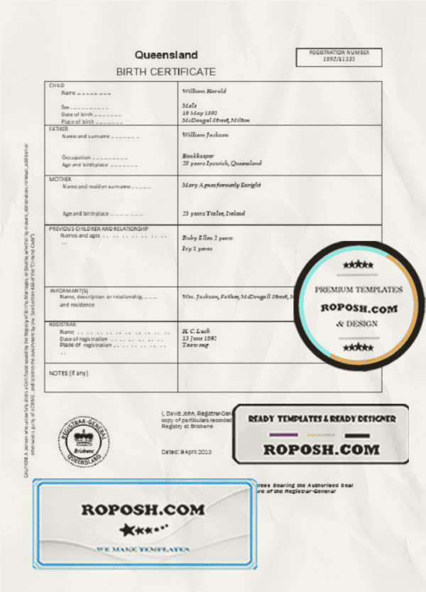 Australia Queensland birth certificate template in Word format