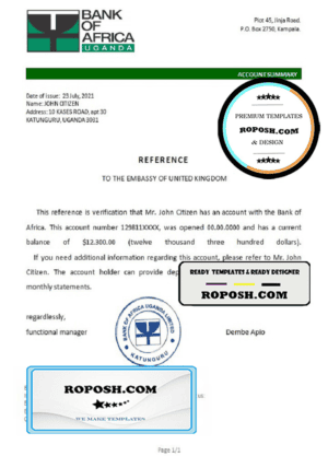 Uganda Bank of Africa account reference letter template in Word and PDF format