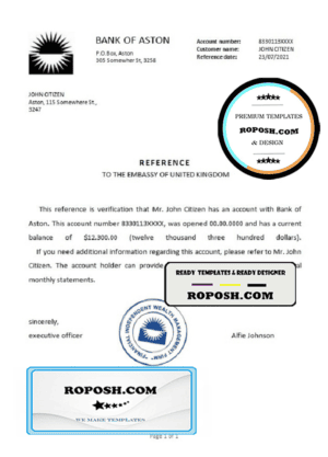 United Kingdom Bank of Aston reference letter template in Word and PDF format