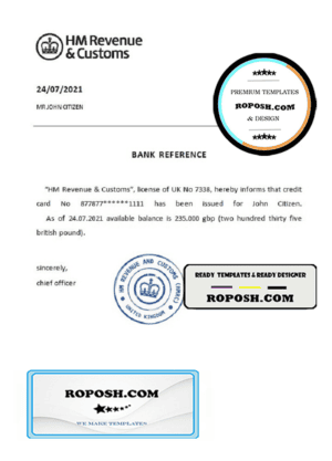 United Kingdom HM Revenue & Customs bank reference letter template in Word and PDF format