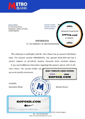 United Kingdom Metro bank reference letter template in Word and PDF format
