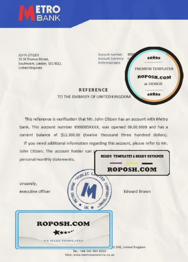 United Kingdom Metro bank reference letter template in Word and PDF format