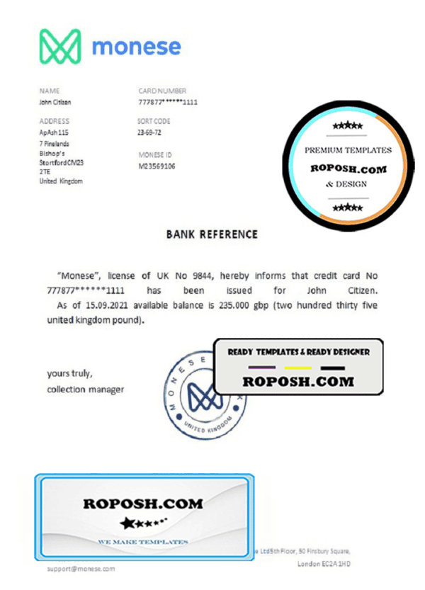 United Kingdom Monese bank account balance reference letter template in Word and PDF format
