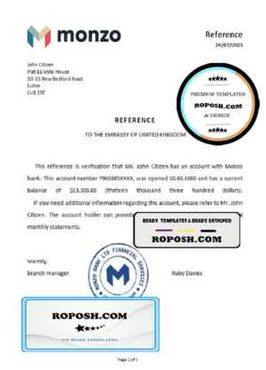 United Kingdom Monzo bank reference letter template in Word and PDF format