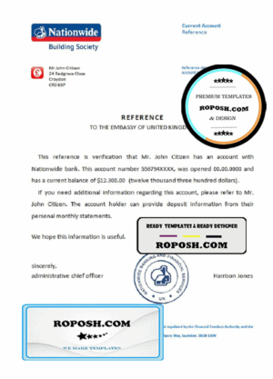 United Kingdom Nationwide bank reference letter template in Word and PDF format