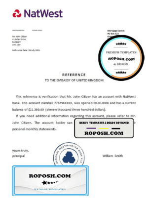 United Kingdom Natwest bank reference letter template in Word and PDF format