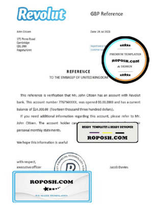 United Kingdom Revolut bank reference letter template in Word and PDF format