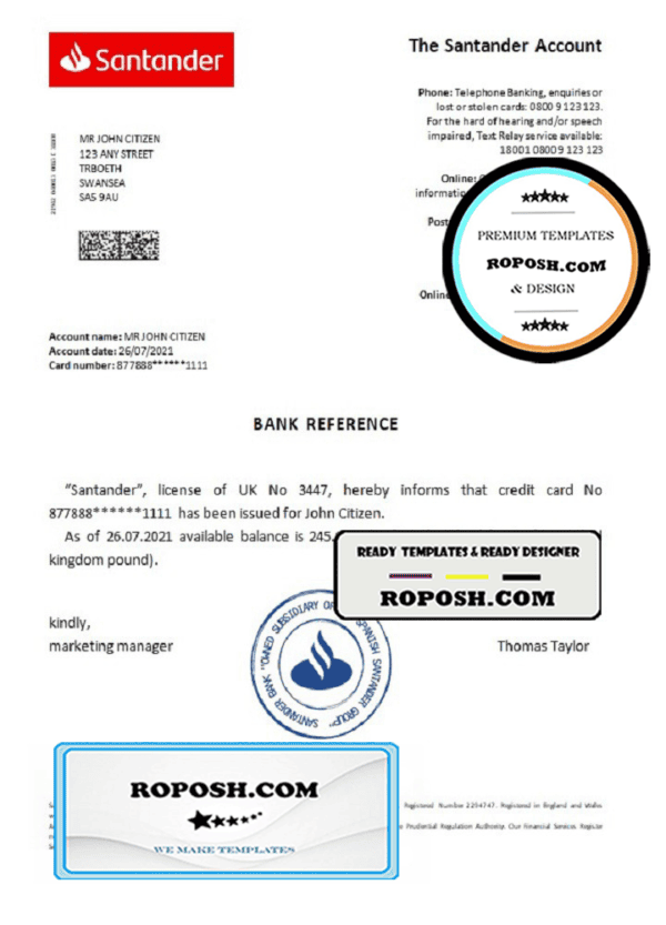 United Kingdom Santander bank reference letter template in Word and PDF format