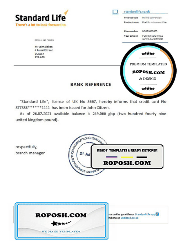 United Kingdom Standard Life bank reference letter template in Word and PDF format