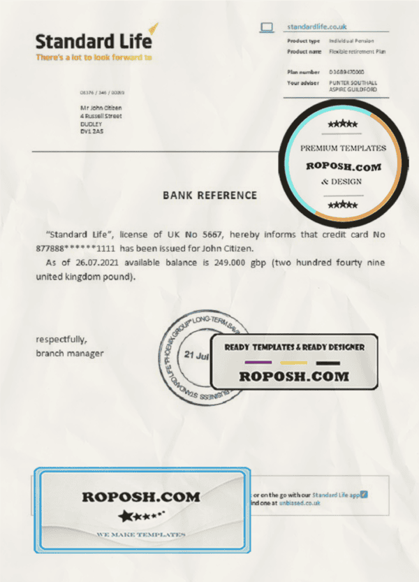 United Kingdom Standard Life bank reference letter template in Word and PDF format