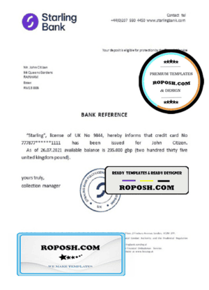 United Kingdom Starling bank reference letter template in Word and PDF format