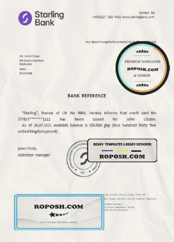 United Kingdom Starling bank reference letter template in Word and PDF format