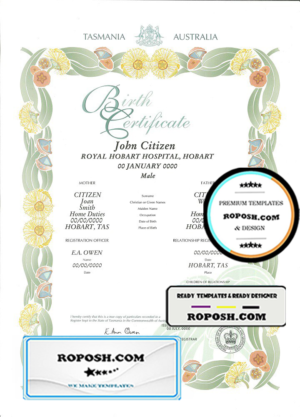 Australia Tasmania decorative (commemorative) birth certificate template in PSD format, fully editable