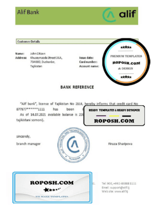 Tajikistan Alif bank reference account reference letter template in Word and PDF format