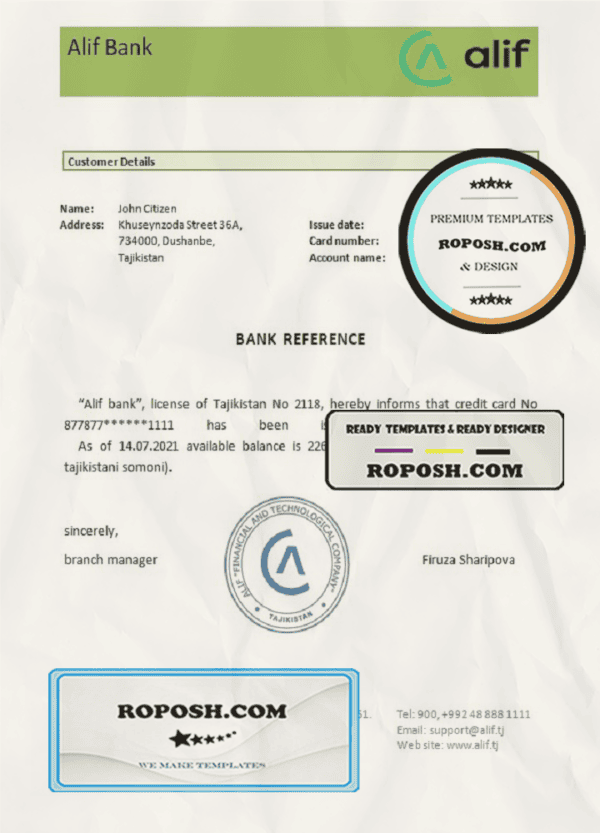 Tajikistan Alif bank reference account reference letter template in Word and PDF format
