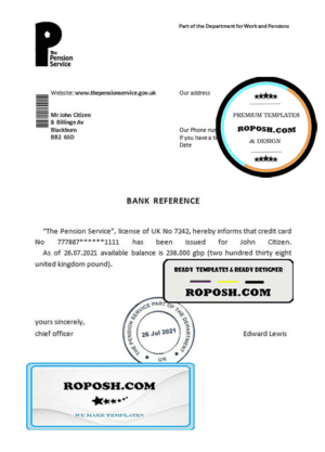 United Kingdom The Pension Service bank reference letter template in Word and PDF format