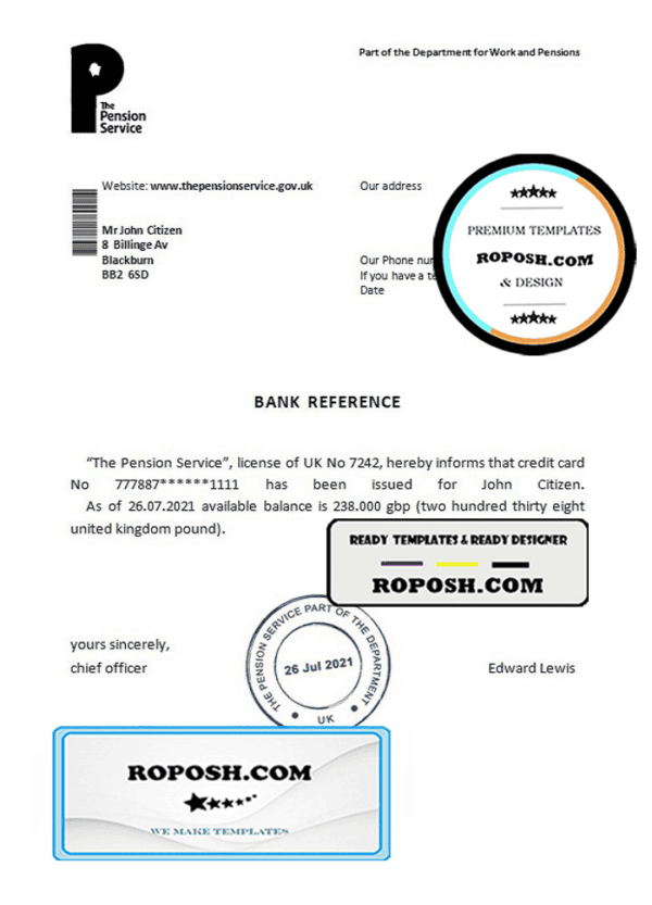 United Kingdom The Pension Service bank reference letter template in Word and PDF format