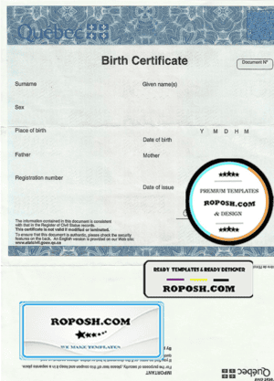 Canada Quebec Birth Certificate template in PSD format