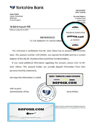 United Kingdom Yorkshire bank reference letter template in Word and PDF format