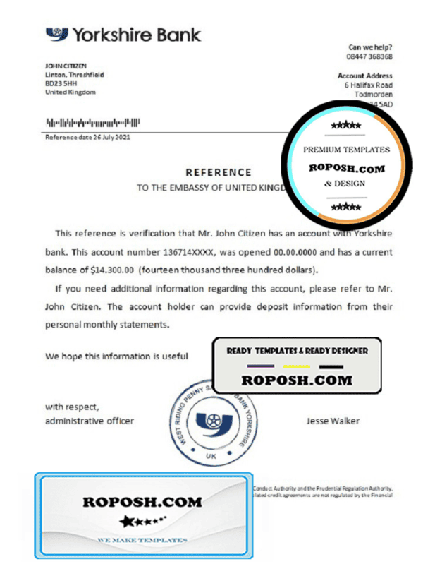United Kingdom Yorkshire bank reference letter template in Word and PDF format