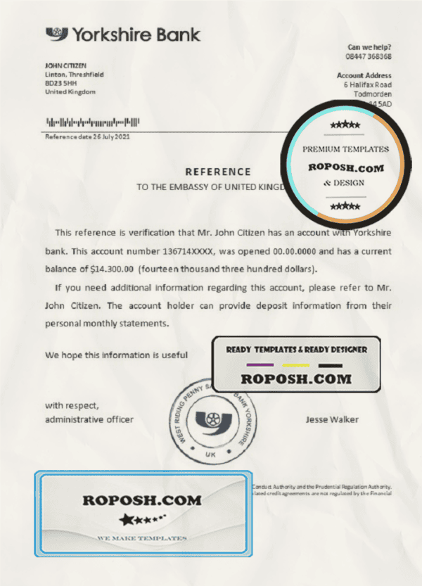 United Kingdom Yorkshire bank reference letter template in Word and PDF format