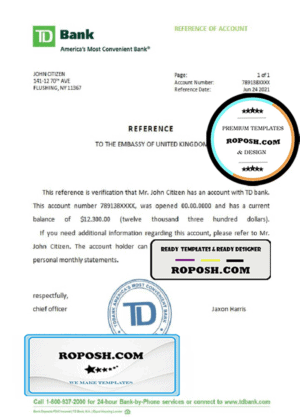 USA TD Bank bank account reference letter template in Word and PDF format