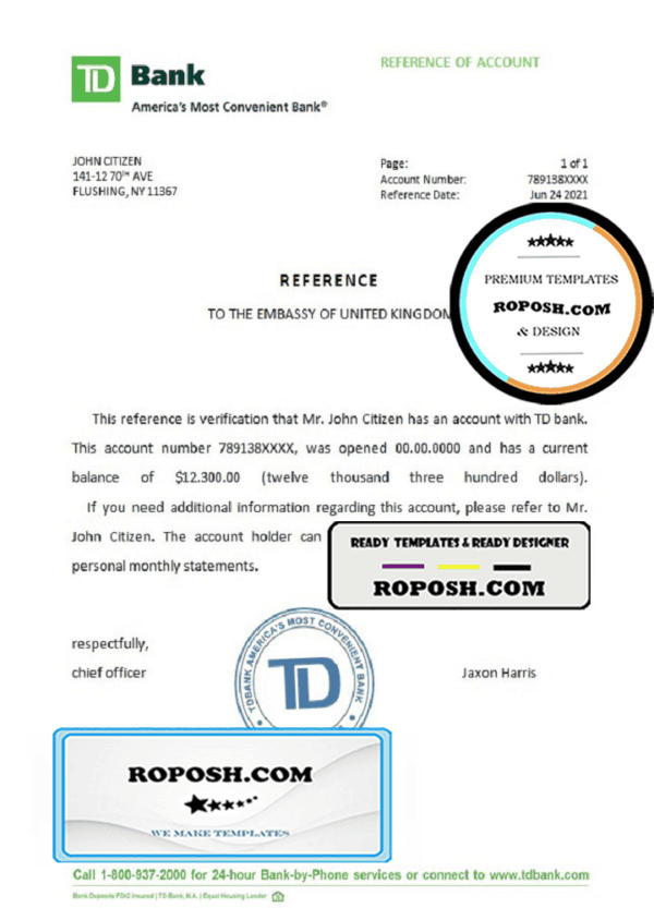 USA TD Bank bank account reference letter template in Word and PDF format