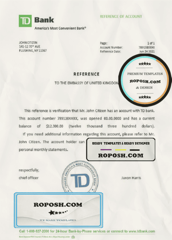 USA TD Bank bank account reference letter template in Word and PDF format