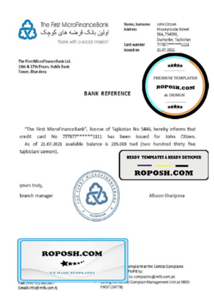 Tajikistan The First MicroFinanceBank reference account reference letter template in Word and PDF format