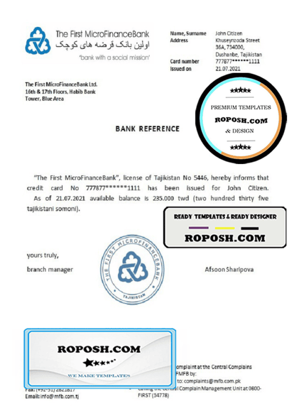 Tajikistan The First MicroFinanceBank reference account reference letter template in Word and PDF format