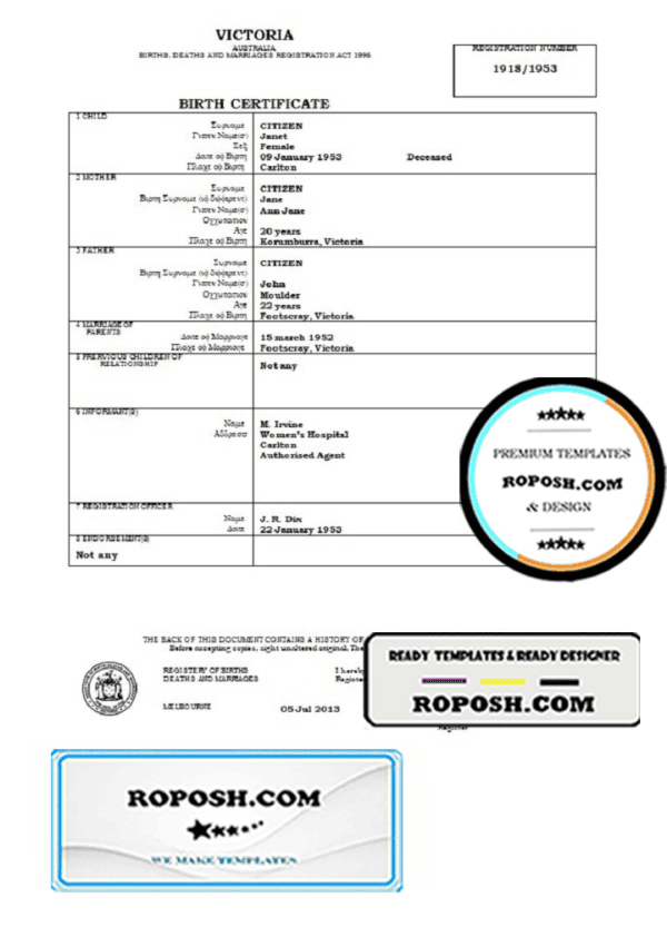 Australia Victoria birth certificate template in Word format, version 1