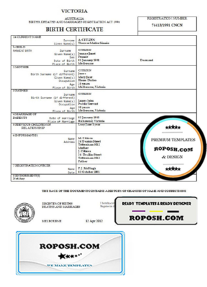 Australia Victoria birth certificate template in Word format, version 2