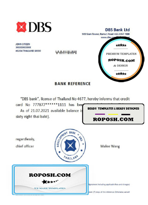 Thailand DBS bank reference account reference letter template in Word and PDF format
