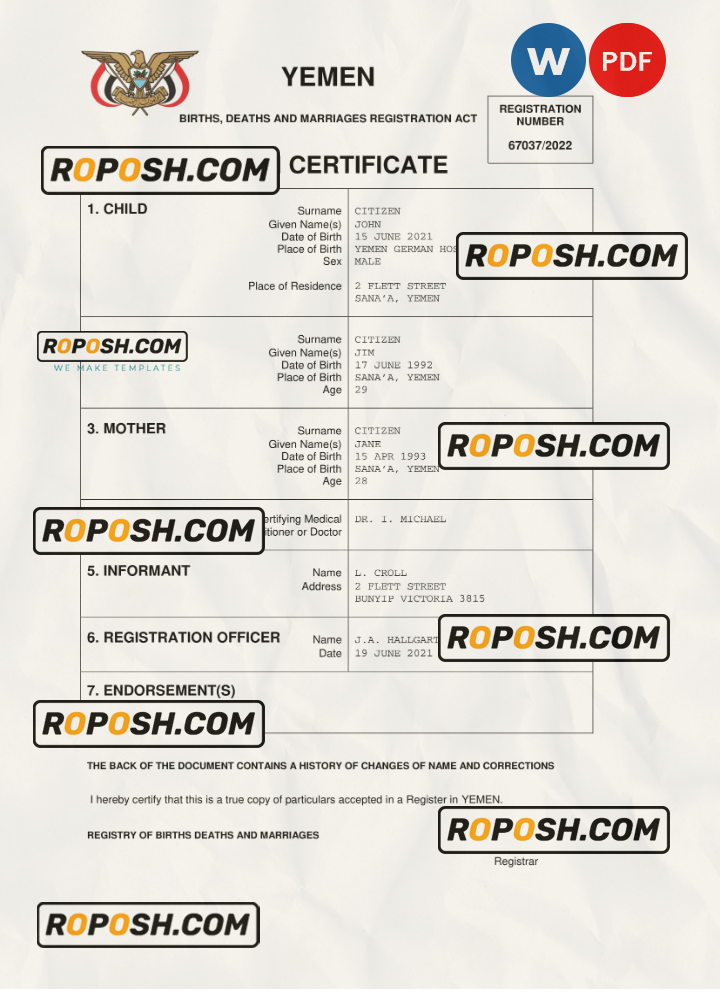 Yemen vital record birth certificate Word and PDF template, completely editable scan effect