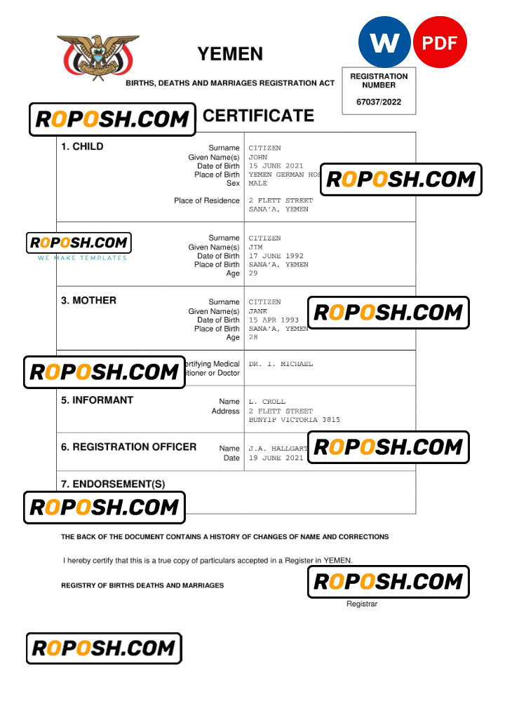 Yemen vital record birth certificate Word and PDF template, completely editable