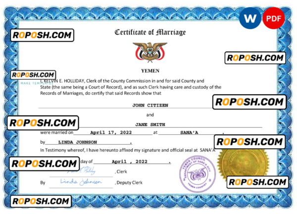 Yemen marriage certificate Word and PDF template, completely editable
