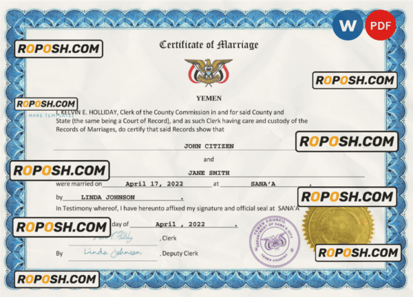 Yemen marriage certificate Word and PDF template, completely editable