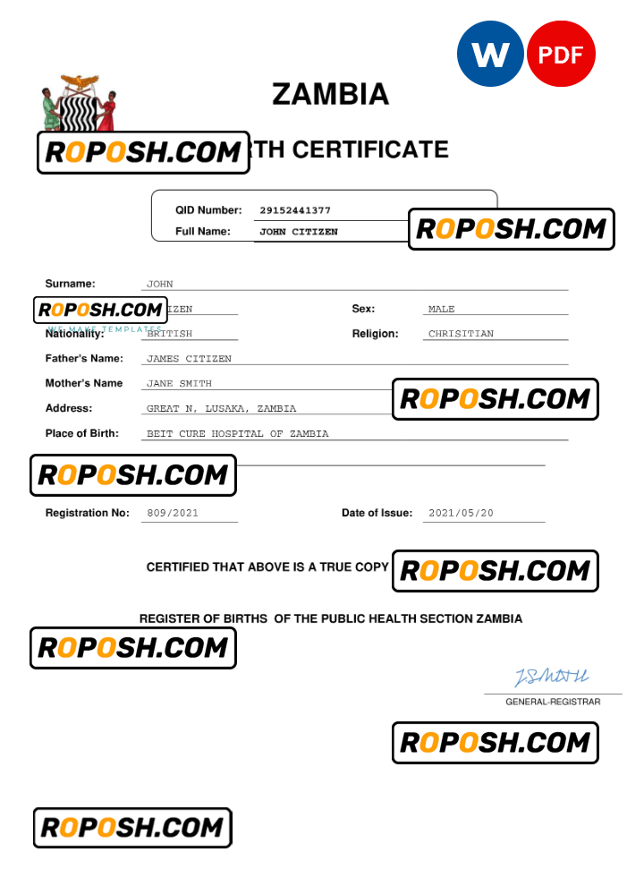 Zambia birth certificate Word and PDF template, completely editable