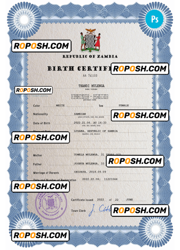Zambia vital record birth certificate PSD template