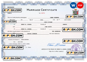 Zambia marriage certificate Word and PDF template, fully editable
